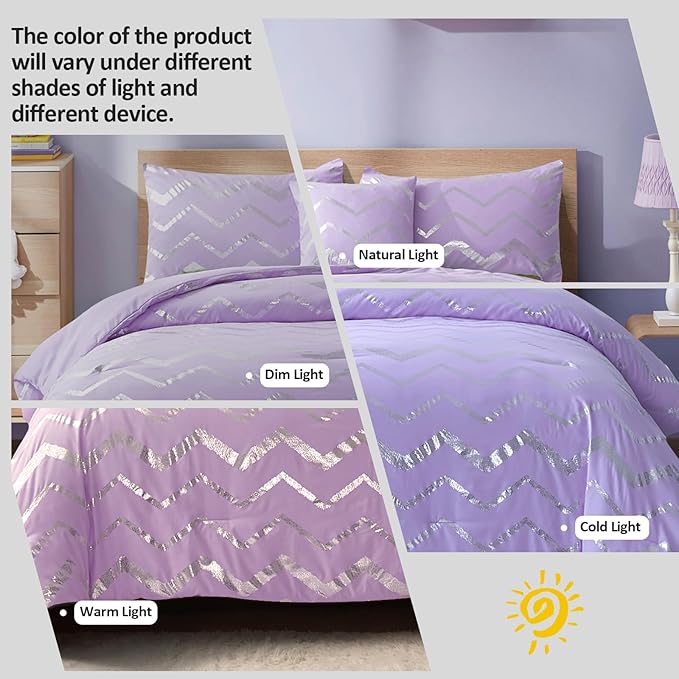 Purple/Silver Comforter Set Queen, Lavender Metallic Print Glitter Bedding Set Cute Shinny Lilac Bed Sets for Teen Girls Kids Women, 4 Piece (2 Pillowcases, 1 Decorative Pillow Sham)