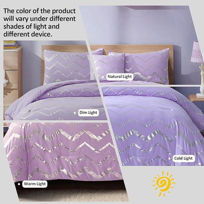 Purple/Silver Comforter Set Queen, Lavender Metallic Print Glitter Bedding Set Cute Shinny Lilac Bed Sets for Teen Girls Kids Women, 4 Piece (2 Pillowcases, 1 Decorative Pillow Sham)