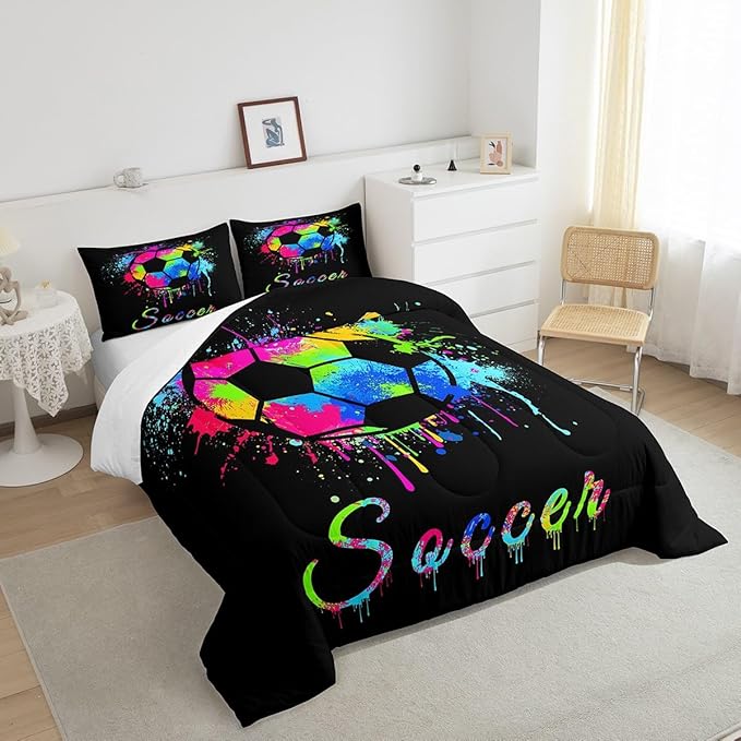 Feelyou Kids Soccer Ball Game Comforter Set Twin Size Football Bedding Set for Boys Girls Teens Bedroom Decor Rugby Sports Comforter American Football Player Duvet Set with 1 Pillow Case