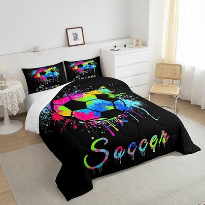 Feelyou Kids Soccer Ball Game Comforter Set King Size Football Bedding Set for Boys Girls Teens Bedroom Decor Rugby Sports Comforter American Football Player Duvet Set with 2 Pillow Case