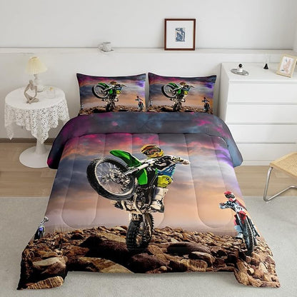 Dirt Bike Comforter Set for Boys Bedroom Motocross Rider Extreme Sports Duvet Insert Mountain Bike Bedding Quilted Set Kids Motorcycle Motorbike Down Comforter,Soft Lightweight for All Season,King