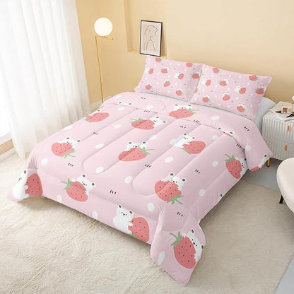 Cartoon Bear Comforter Full Size,Pink Strawberry Comforter Set for Kids Teens Girls,3Pcs Bedding Set Printed Comforter with 2 Pillowcases,Down Alternative,Soft and Lightweight，Full Size