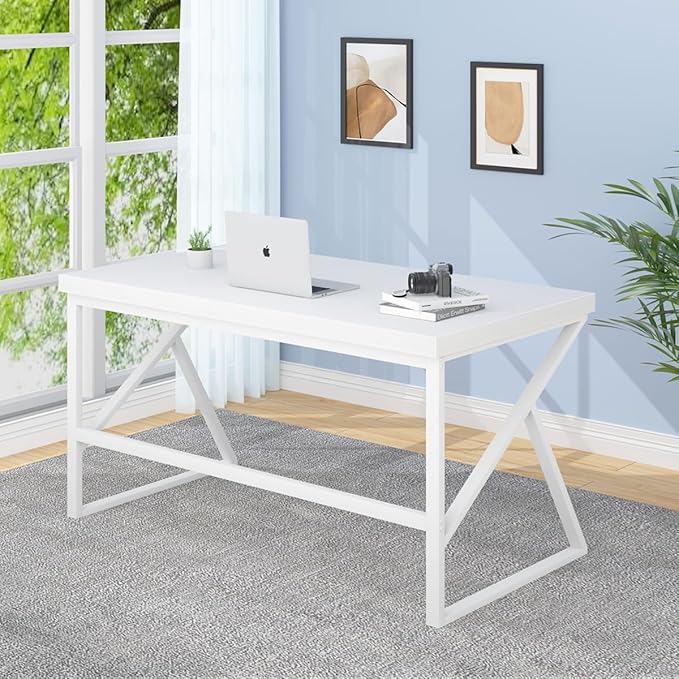 HSH White Computer Desk, Modern Wood Home Office Desk, PC Desk for Executive Work Writing Study Gaming Student Bedroom, Farmhouse Simple Wooden and Metal Computer Table Workstation, White Oak 55 Inch