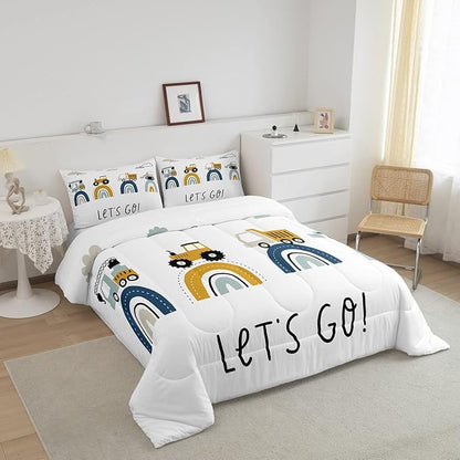 Feelyou Boys Cartoon Car Comforter Set, Kids Construction Vehicles Comforter for Kids Children Cartoon Rainbow Truck Bedding Set Cute Cars Soft Quilt Set Bedroom Collection 2Pcs Twin Size