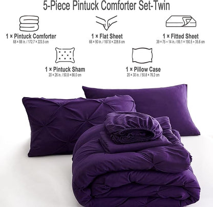 Ubauba 5pc Twin Size Comforter Set with Sheets, Purple Pintuck 5 Piece Bed in a Bag with Comforter, All Season Pinched Bedding Comforters & Sets (Purple,Twin)