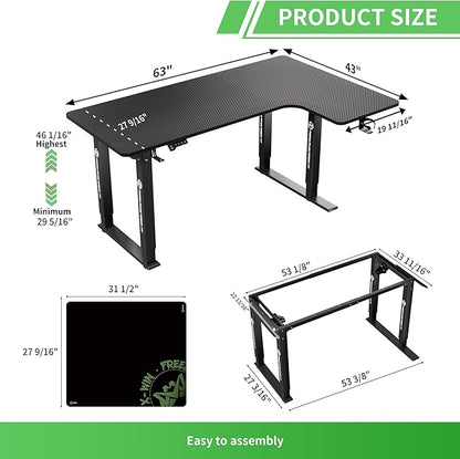 X-WIN 63 Inches L-Shaped Electric Standing Desk, Dual Motor Height Adjustable Stand Up Corner Desk, Sit to Stand Workstation with Locking Wheels, Carbon Fiber Top