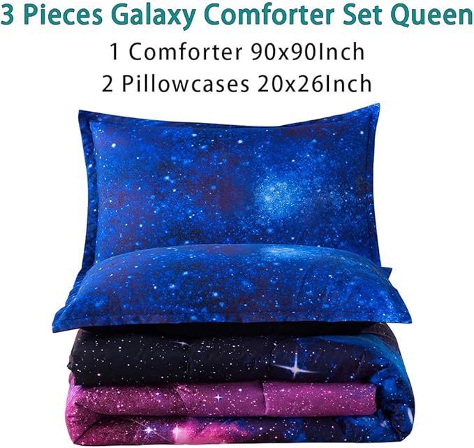 Litanika 3D Galaxy Comforter Queen(90x90lnch), 3 Pieces(1 Galaxy Comforter, 2 Pillowcases), Universe Cloud Outer Space Comforter, Microfiber Bedding Set for Boys Kids