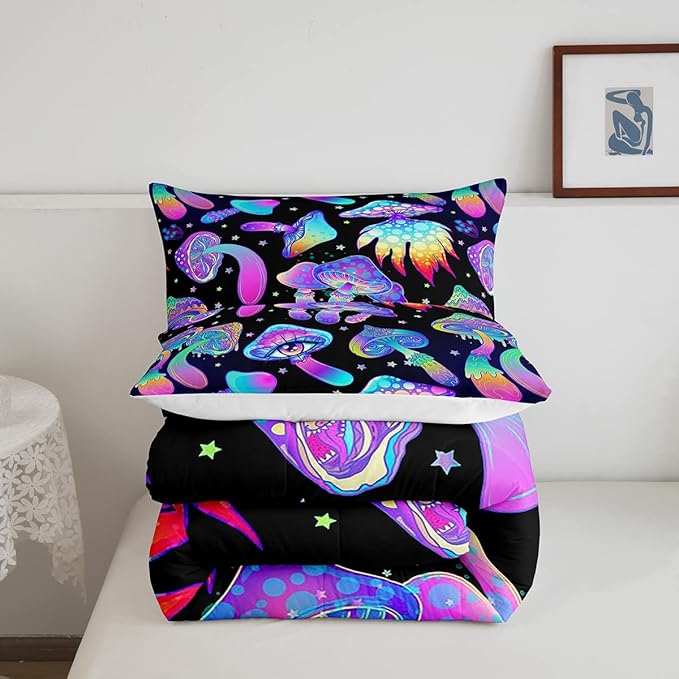 Mushroom Comforter Set Queen,Kawaii Trippy Botanical Bedding Set Psychedelic Plant Down Comforter For Kids Girls Teens Women Cartoon Cute Mushroom Room Decor Quilt Duvet Set With 2 Pillow Cases Black