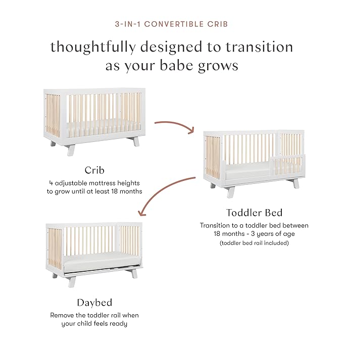 Babyletto Hudson 3-in-1 Convertible Crib with Toddler Bed Conversion Kit in White and Washed Natural, Greenguard Gold Certified