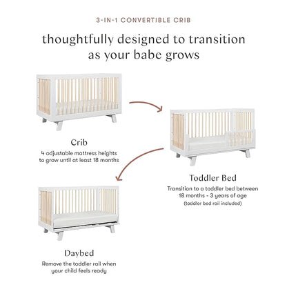 Babyletto Hudson 3-in-1 Convertible Crib with Toddler Bed Conversion Kit in White and Washed Natural, Greenguard Gold Certified
