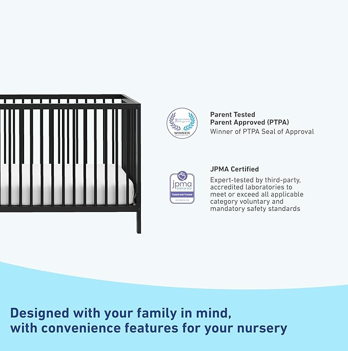 Graco Teddi 5-in-1 Convertible Crib (Black) – GREENGUARD Gold Certified, Converts to Daybed, Toddler & Twin Bed with Headboard and Footboard, Adjustable Mattress Height