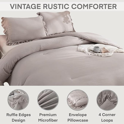 Andency California King Comforter Set Wheat (104x96Inch), 3 Pieces Cal King Ruffle Comforter, Oversized Farmhouse Shabby Chic Bed Comforter, Lighteweight and Soft Microfiber Bedding Set