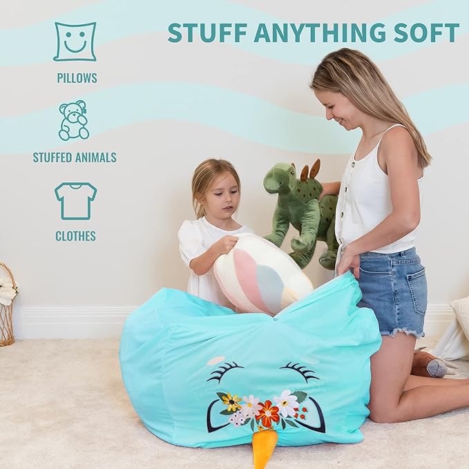 Aubliss Unicorn Stuffed Animal Storage Bean Bag Chair for Kids, Velvet Extra Soft Beanbag Chairs Cover, X-Large Stuffable Zipper Bean Bag for Organizing Plush Toys Girls Bedroom Decor, Cyan Floral
