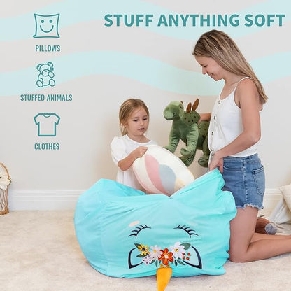 Aubliss Unicorn Stuffed Animal Storage Bean Bag Chair for Kids, Velvet Extra Soft Beanbag Chairs Cover, X-Large Stuffable Zipper Bean Bag for Organizing Plush Toys Girls Bedroom Decor, Cyan Floral