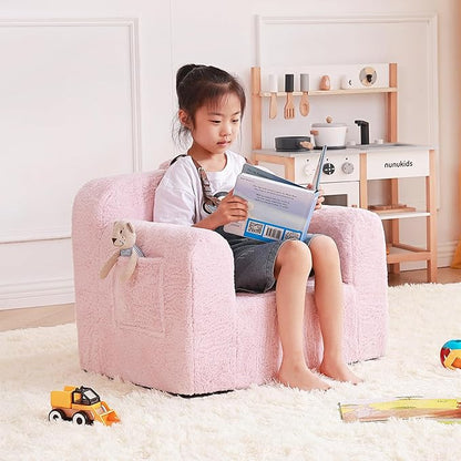 Tiita Toddler Chair Couch, Comfy Fold Out Kids Sofa, Lightweight Children Couch with Carrying Handle & Side Pockets, Kids Foam Armrest Read Sofa for Girl or Boy, Pink
