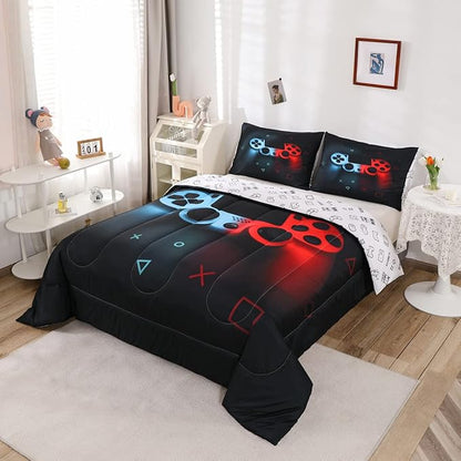 Boys Gamepad Comforter Set Full,Play Gamer Bedding Set Kid Young Man Video Games Down Comforter for Teen Child Game Room Decor Black Classic Retro Gaming Quilt Duvet Set with Controller Button