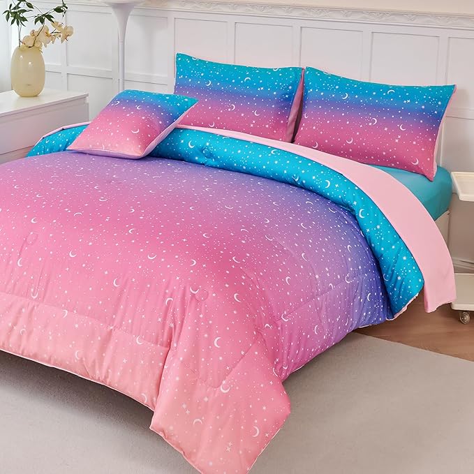 URBONUR 6 Pieces Full Size Comforter Set for Girls Moon Star Printed Bedding Set Gradient Pink Purple Blue, Soft Microfiber All Season Kids Bed Sets (Full Size, 6PCS)