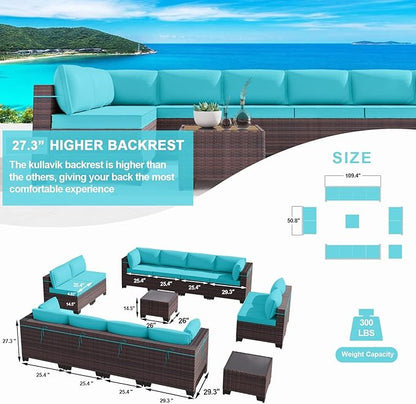Kullavik 14PCS Outdoor Patio Furniture Set PE Wicker Rattan Sectional Sofa Patio Conversation Sets,Blue