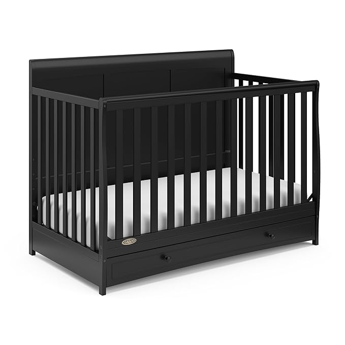 Graco Asheville 4-in-1 Convertible Crib with Drawer (Black) – GREENGUARD Gold Certified, Crib with Drawer Combo, Full-Size Nursery Storage Drawer, Converts to Toddler Bed, Daybed and Full-Size Bed