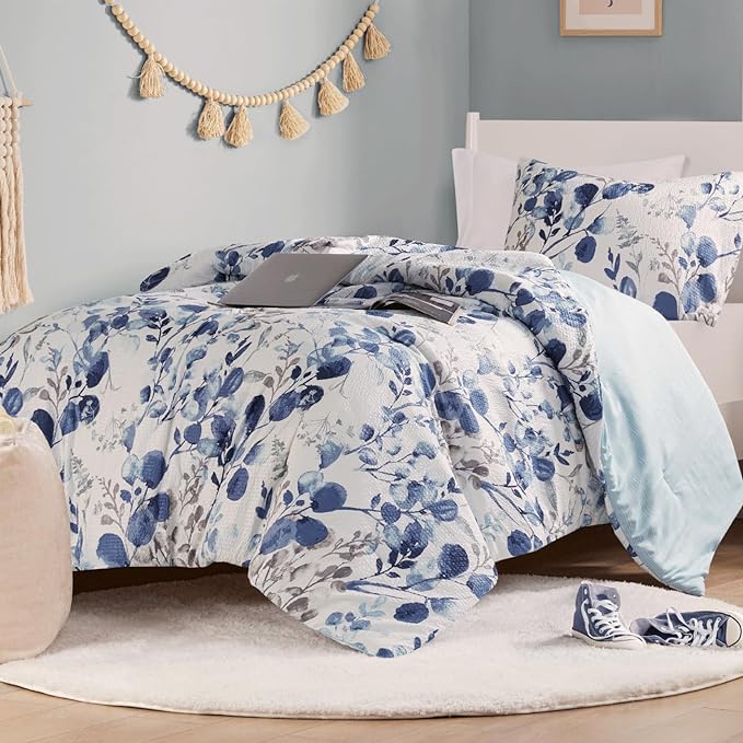 Codi Floral Twin Comforter Set for Teen Girls, Spring Lavender Bedding Sets with Soft Seersucker 2pcs - 1 Flower Comforters and 1 Pillows Case, Blue