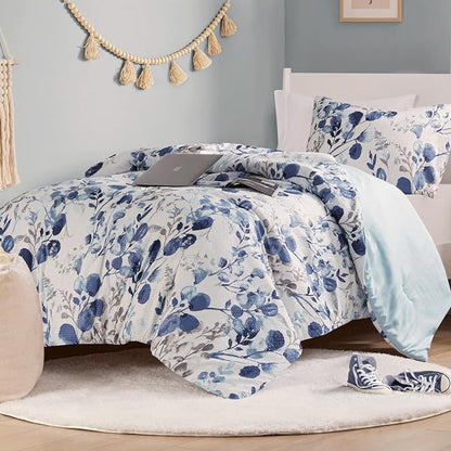 Codi Floral Twin Comforter Set for Teen Girls, Spring Lavender Bedding Sets with Soft Seersucker 2pcs - 1 Flower Comforters and 1 Pillows Case, Blue