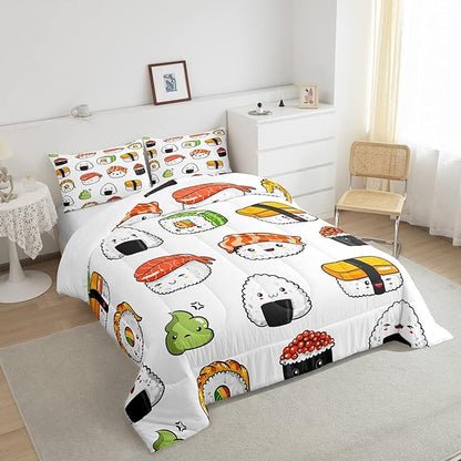 Sushi Pattern Comforter Set Japanese-Style Bedding Set for Kids Boys Girls Teens Food Theme Comforter Cute Cartoon Japanese Sushi Duvet Set Room Decor Quilt Set Full Size Microfiber