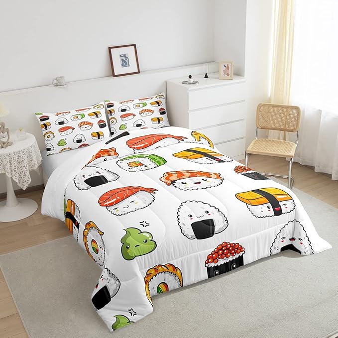 Sushi Pattern Comforter Set Japanese-Style Bedding Set for Kids Boys Girls Teens Food Theme Comforter Cute Cartoon Japanese Sushi Duvet Set Room Decor Quilt Set Queen Size Microfiber