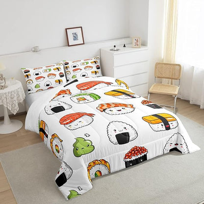 Sushi Pattern Comforter Set Japanese-Style Bedding Set for Kids Boys Girls Teens Food Theme Comforter Cute Cartoon Japanese Sushi Duvet Set Room Decor Quilt Set Queen Size Microfiber