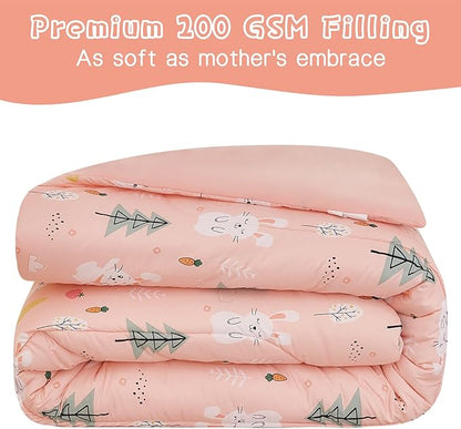 Pink Bunny Kids Comforter Set for Girls Twin, Cute Reversible Quilted Printed Woodland Bedding Set with Pillow Sham, Lightweight Soft Breathable Machine Washable Bed Set 2 Piece