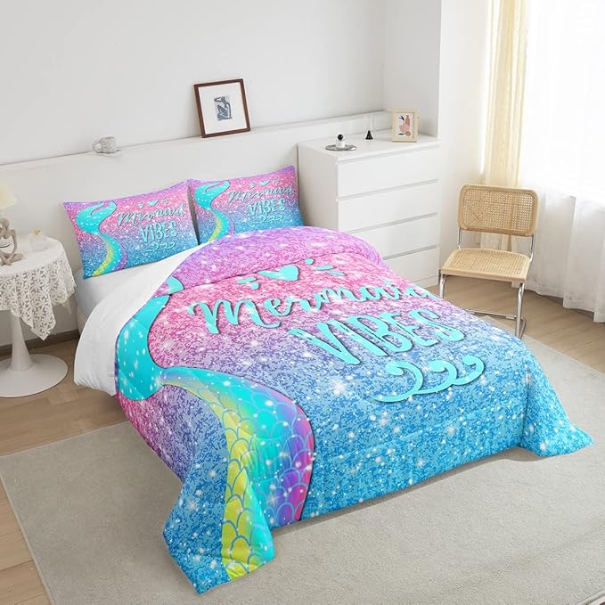 Kawaii Mermaid Bedding Twin,Mermaid Scales Tail Comforter Set Glitter Star Galaxy Princess Bedding Set Watercolor Blue Pink Pastel Ombre Quilt Duvet Ocean Animal Comforter Teal Girly Room Decor 2 Pcs
