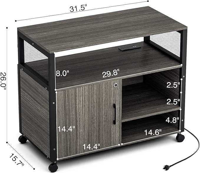 Lateral File Cabinets with Socket & USB Charging Station, Lockable Office File Cabinets Rolling Printer Stand with Open Storage Shelves for Home Office Organization & Storage