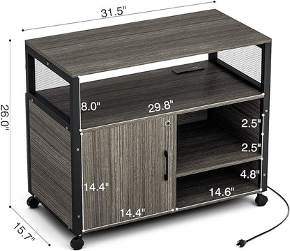 Lateral File Cabinets with Socket & USB Charging Station, Lockable Office File Cabinets Rolling Printer Stand with Open Storage Shelves for Home Office Organization & Storage
