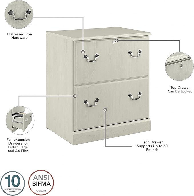 Bush Furniture Saratoga 2 Drawer Lateral File Cabinet in Harvest Cherry, Document Storage Chest for Home Office, Linen White Oak