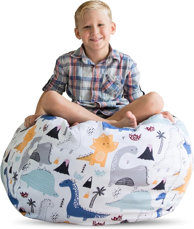 Creative QT Stuff ’n Sit Extra Large 38’’ Bean Bag Storage Cover for Stuffed Animals & Toys, Giant Beanbag Chair for Plush, Toddler & Kids Rooms Bedroom Organizer, Dinosaur