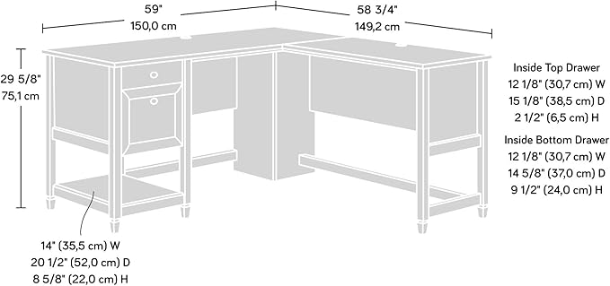 Sauder Edge Water L-Desk, L: 59.06" x W: 58.74" x H: 29.57", Chalked Chestnut finish
