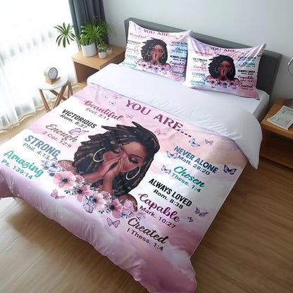 Kids Comforter Sets Full Size, Prayer Girl and African American Girl Inspirational Quotes with Floral Butterfly, Teens Bedding Sets for Girls Women (Full, Pink White)