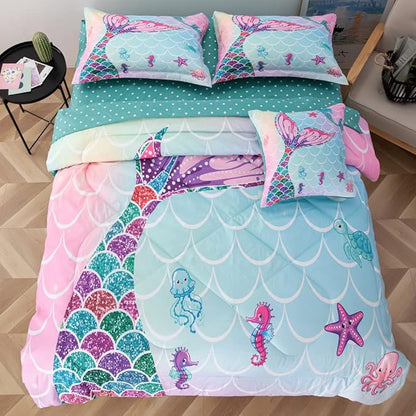 ADASMILE A & S 6 Pieces Mermaid Comforter Twin for Girls Kids Mermaid Bedding Fish Scale with Starfish Turtle Printed Bed in a Bag Comforter and Sheet Set Rainbow Mermaid Scale Bedding Home Decor