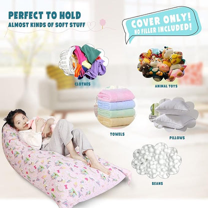 Stuffed Animal Storage Bean Bag Chair Cover, Cotton Pink Unicorn Rainbow Plush Toy Storage Stuff and Sit Seat for Kids/Teens/Adults, 52" x 31" Extra Large Triangle Sofa, 200L/52Gal, Cover Only