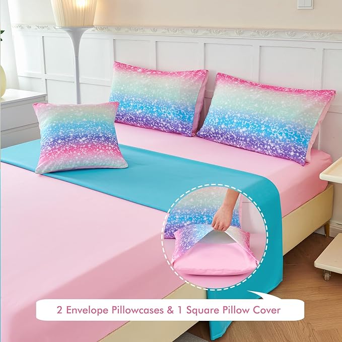 PERFEMET Girls Comforter Set with Sheets 6 Pieces Full Size Bedding Set Blue Pink Green Ombre Bed in A Bag Rainbow Tie Dye Kids Bed Sets Grandient Glitter Full Comforter Sets