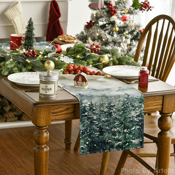 Artoid Mode Green Tree Snow Christmas Table Runner, Seasonal Winter Kitchen Dining Holiday Table Decoration for Home Party Decor 13x90 Inch