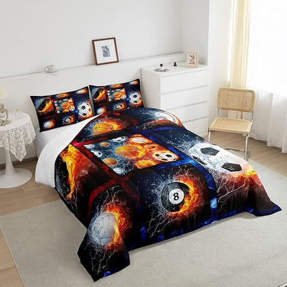 Sports Comforter Sets For Boys Full,Teen Basketball Baseball Football Bedding Comforter Set For Men Volleyball Soccer Hockey Quilt Comforter,Red Blue Water And Fire Lightning Bed Duvet 2 Pillow Cases