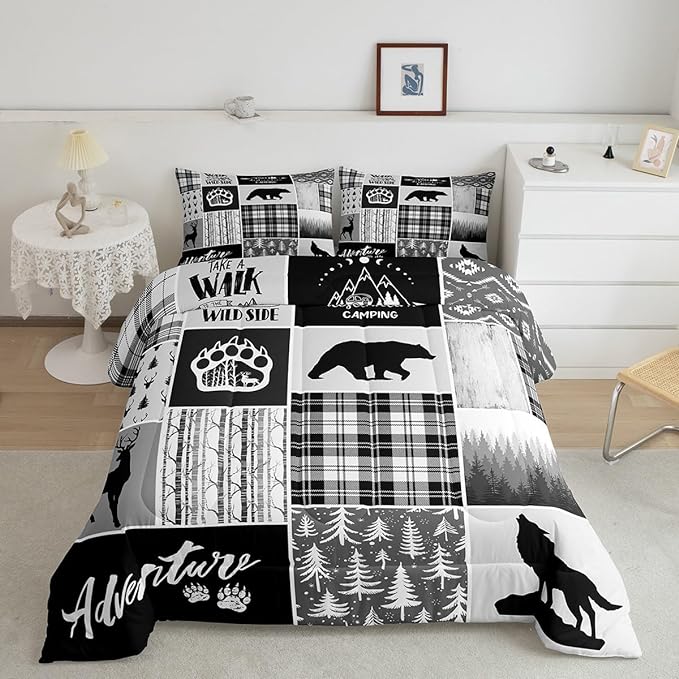 Deer Bear Comforter Set Queen Size,Pine Trees Christmas Bedding Set for Kids Boys Girls Adults Room Decor,Camping Adventure Rustic Farmhouse Down Comforter,Black Retro Duvet Insert,2 Pillowcases