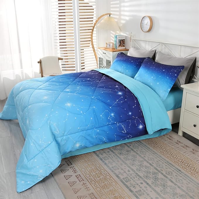 Wowelife Glitter Bedding Set Full Size 5 Pieces Galaxy Comforter Set Blue 3D Galaxy Kids Comforter Sets Lightweight with Comforter, Flat Sheet, Fitted Sheet and 2 Pillowcases