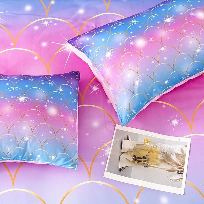 RYNGHIPY 6Pcs Teal Pink Sparkle Mermaid Comforter Sets Queen Size, 3D Rainbow Glitter Girls Bedding Sets, Ombre Pastel Fish Scale Bedding Collection Sets