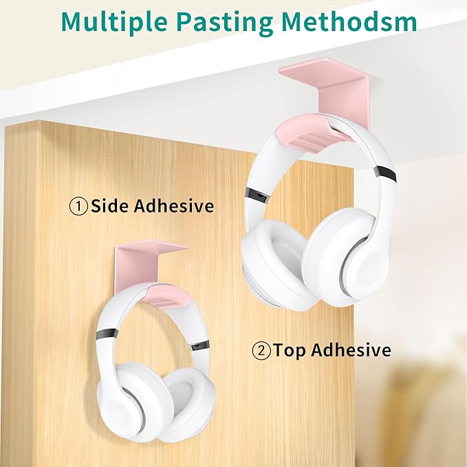 HomeMount Headphone Hook Under Desk - Headphone Holder Under Table, Adhesive Gaming Headphone Stand Hanger Desk Mount for Most Headphone (Pink)