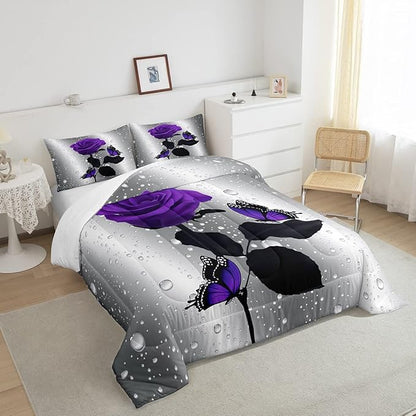 3D Rose Comforter Set Rose Floral Print Bedding Set Romantic Flowers Comforter for Kids Boys Girls Children Teens Bedroom Decor Purple Rose Butterfly Duvet Set Full Size Quilt Set with 2 Pillow Case