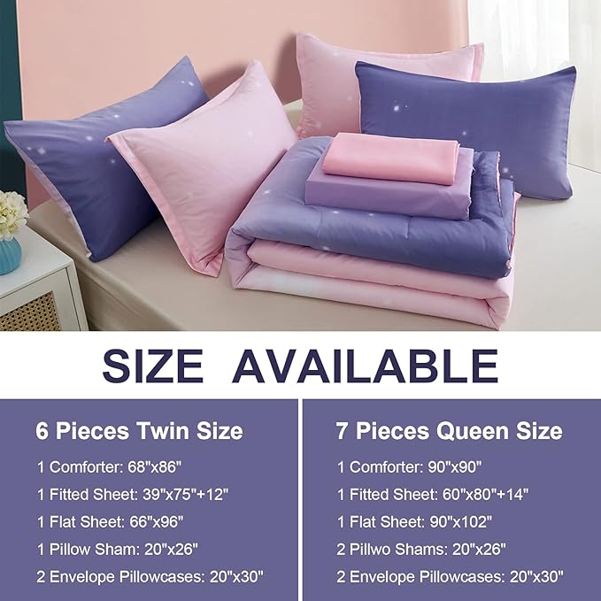 Girls Comforter Set Queen Size 7 Pieces Bed in A Bag Ombre Pink Purple Rainbow Bedding Set Collections for Teen Women (1 Comforter, 1 Flat Sheet, 1 Fitted Sheet, 2 Pillow shams, 2 Pillowcases)