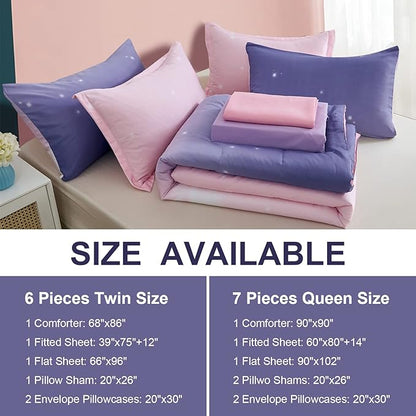 Girls Comforter Set Queen Size 7 Pieces Bed in A Bag Ombre Pink Purple Rainbow Bedding Set Collections for Teen Women (1 Comforter, 1 Flat Sheet, 1 Fitted Sheet, 2 Pillow shams, 2 Pillowcases)