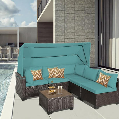 6 PCS Outdoor Patio Furniture Set,Sectional Sofa Set,Rattan Daybed with Retractable Canopy,Adjustable Backrest,Storage Coffee Table,Chaise Chair Sunbed for Garden Poolside Backyard(Walnut Green)