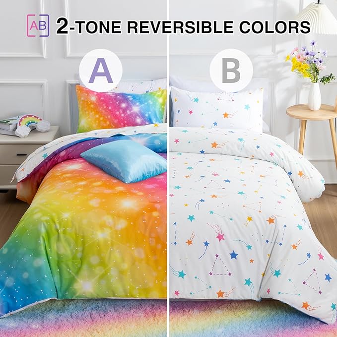 A Nice Night 6Pcs Gradient Glitter Bedding Set for Girls, Colorful Rainbow Galaxy Comforter Set, Ultra Soft Bedding Sets (Multi,Queen 6Pcs)